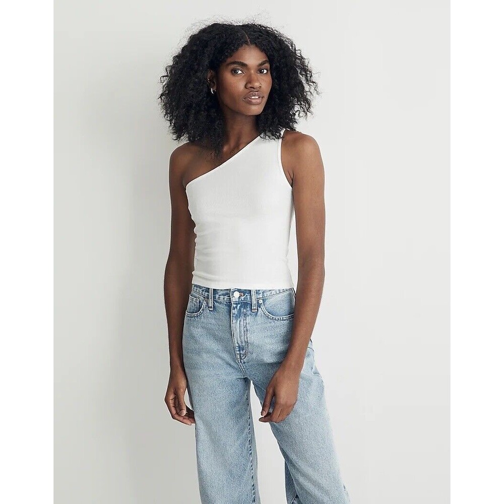 Madewell Supima Rib One-Shoulder Tank Eyelet White Women's Size XS NWT